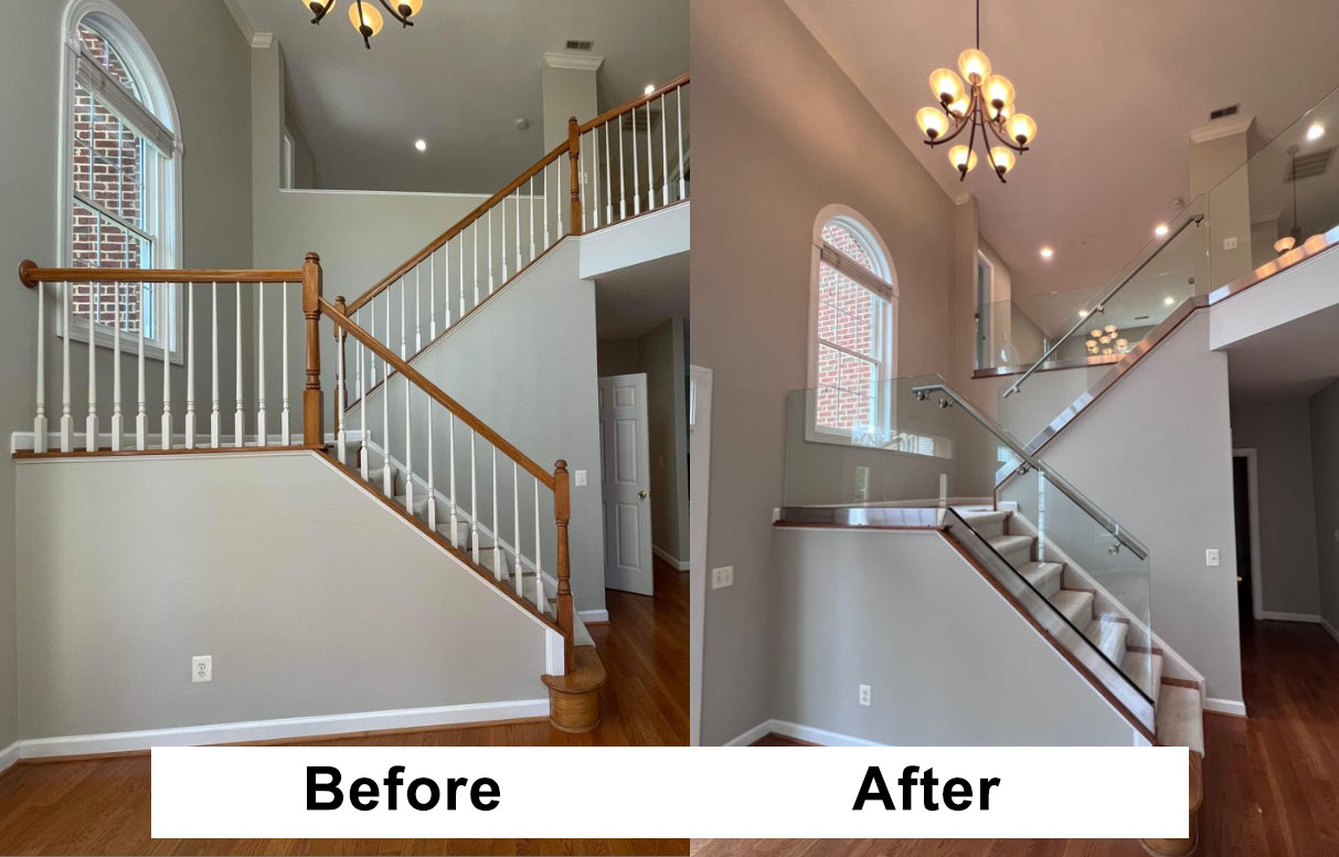 Before and After Photo of Rod Railing to Channel Glass Railing